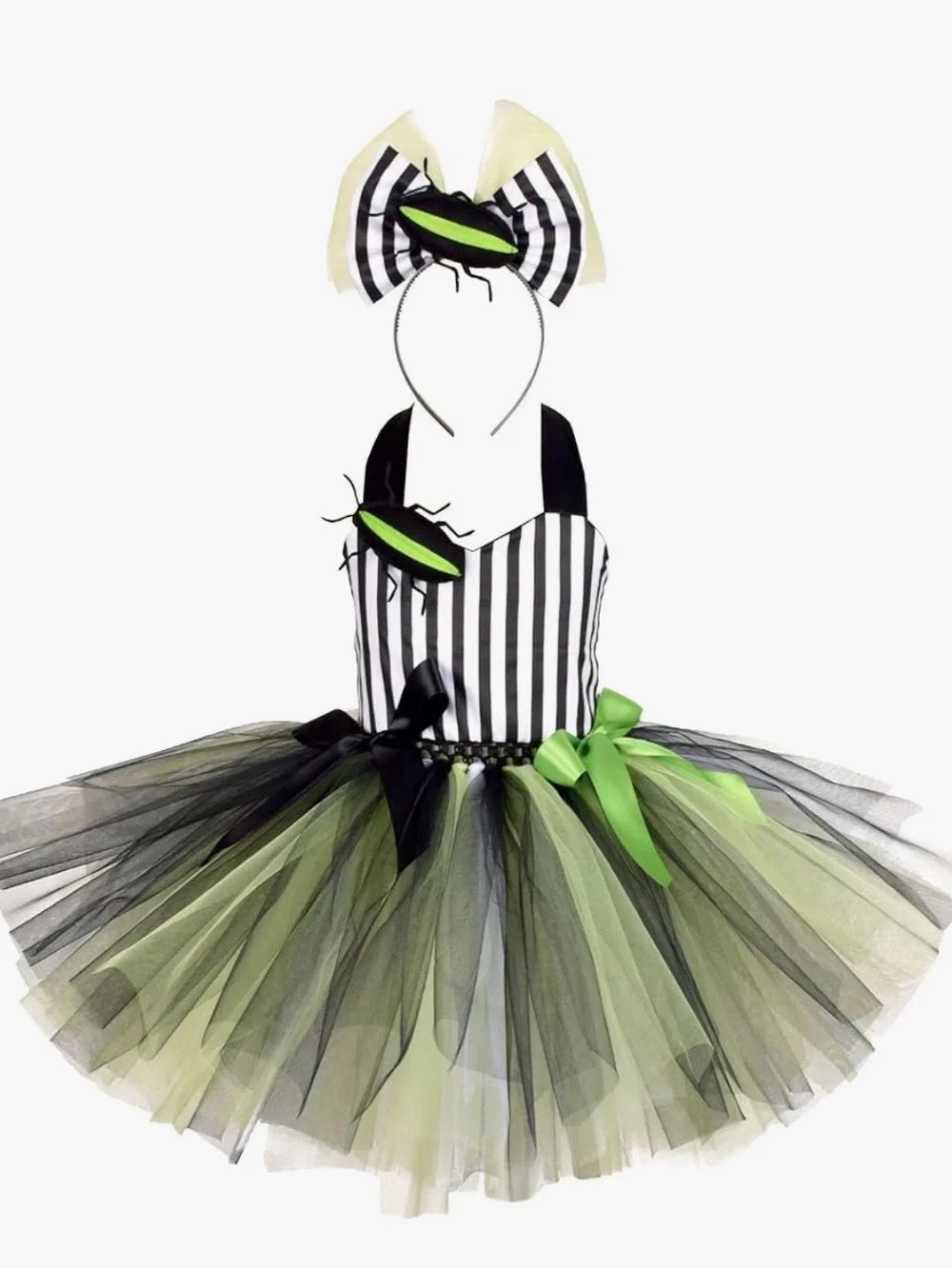 Beetlejuice Girls Size Medium Age 9 10 Striped Black & Lime Green Tutu Costume